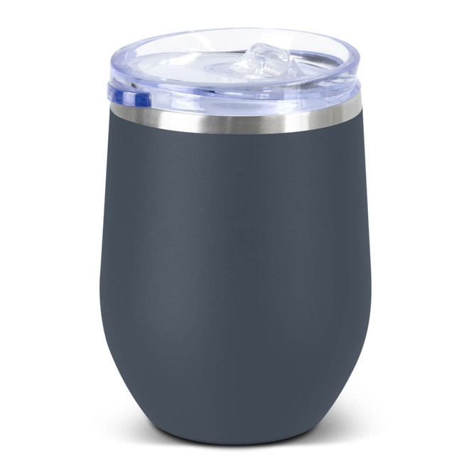 A drink bottle in matte dark grey with a clear lid and a silver rim, featuring a logo on the surface.
