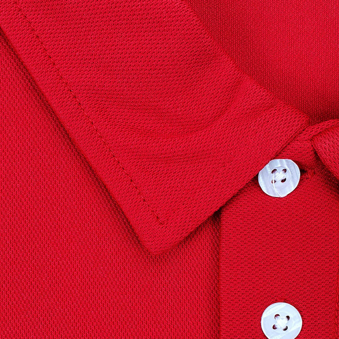 A red women's polo shirt featuring a collar and button placket, with a logo present.