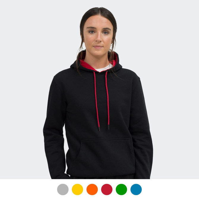 A black unisex hoodie with a red contrast drawstring and a front pocket, featuring a branding logo.