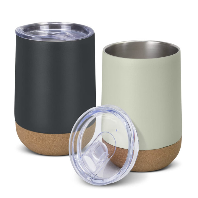 A drink bottle set featuring a dark grey and a light green cup with cork bottoms and clear lids.