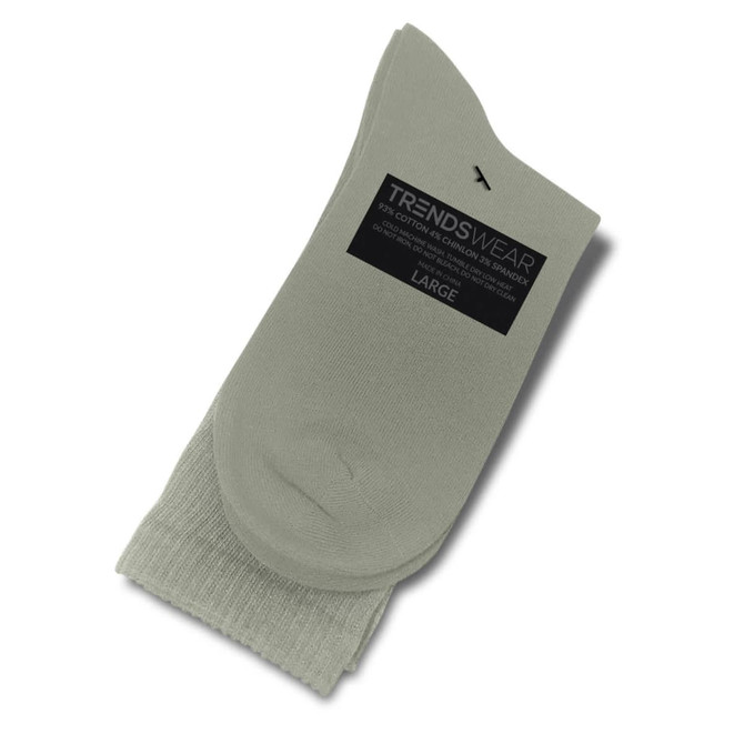 A pair of light grey crew socks with a branded label, displayed with a folded cuff.