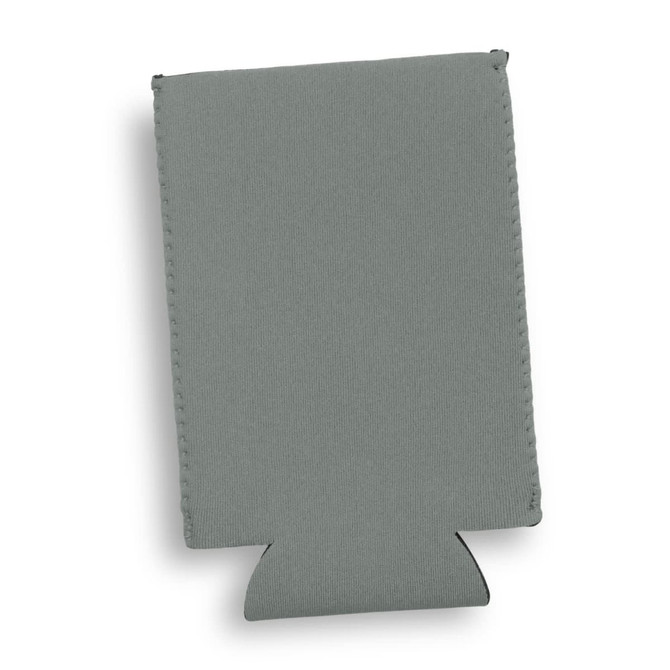 A slim can cooler in a muted grey colour with a logo, designed to keep drinks cool.