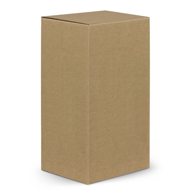 A drink bottle with a brown cardboard packaging, featuring a simple design and a logo.