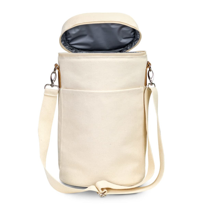A double wine cooler bag in cream colour with a grey interior, featuring a shoulder strap and a front pocket.