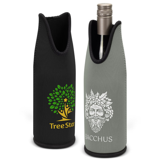 A drink bottle cooler in black and green, featuring logos on each side, designed for holding wine bottles.