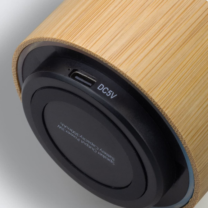 A bamboo Bluetooth speaker featuring a sleek design with a USB charging port on the base.