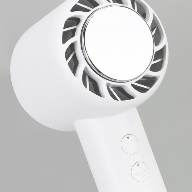 A white personal cooling fan featuring a circular grill and buttons for operation. It has a sleek design with a smooth finish.