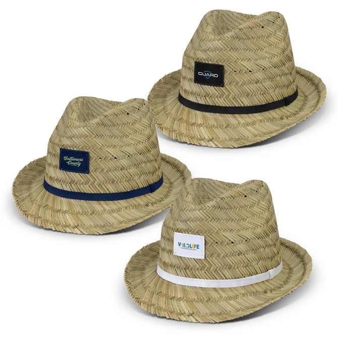 Three Antonio Fedora Hats in natural straw with varying bands: navy, black, and white. Each hat features a logo.