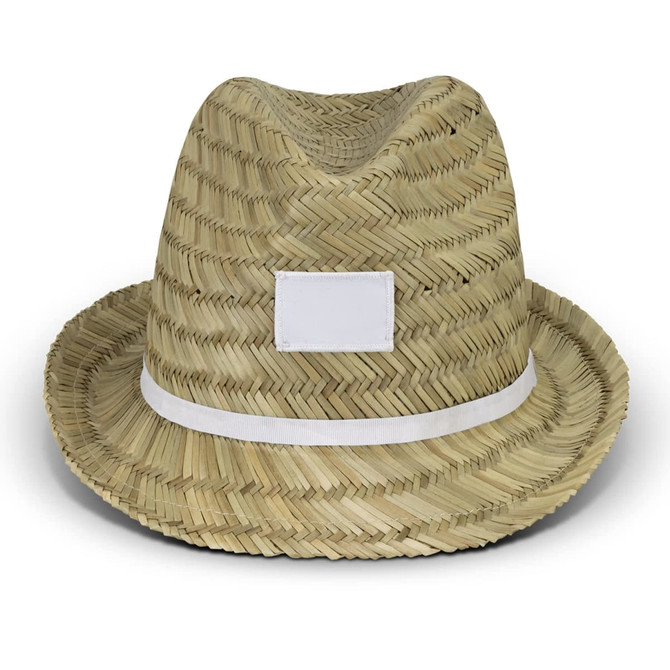 A straw fedora hat with a wide brim and a white band around the crown. It features a plain branding area.