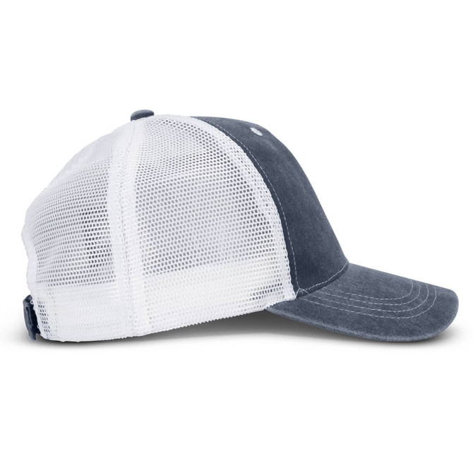A faded grey trucker cap featuring a white mesh back and a curved brim, with an adjustable strap at the back.