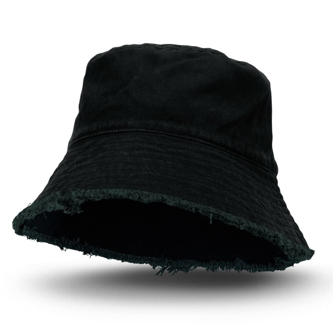 A black Raw Edge Bucket Hat with a frayed brim and an inner fabric lining. It features a branding logo.