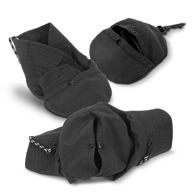 A packable black bucket hat with a quilted design, featuring a hooked clasp for easy storage.