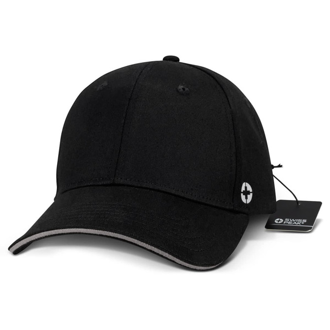A black six-panel cap featuring a curved peak and a logo, with grey detailing on the brim.