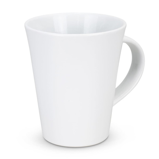 A white coffee mug with a tapered design and a single handle, featuring a branding logo.