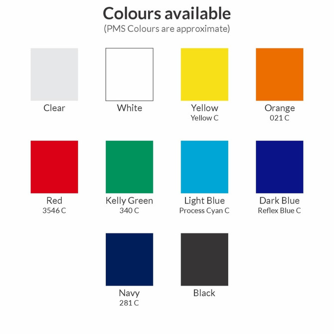 A selection of drink bottle colours including clear, white, yellow, orange, red, green, light blue, dark blue, navy, and black.
