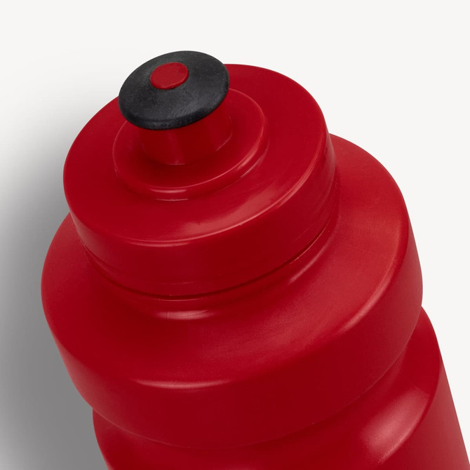 A red drink bottle with a black spout and a rounded top, featuring a logo.