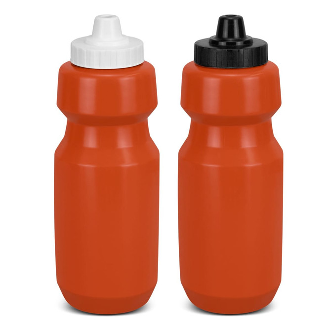 A drink bottle in orange with two cap options: one white and one black. It features a simple design and a logo.