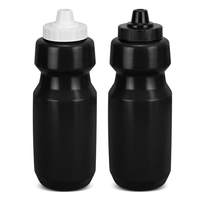 A drink bottle set in black with contrasting black and white caps, featuring a logo on each bottle.