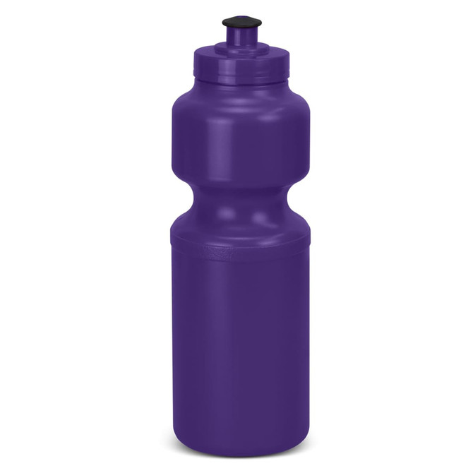 A drink bottle in vibrant purple with a ribbed design and a screw-on lid, featuring a logo.