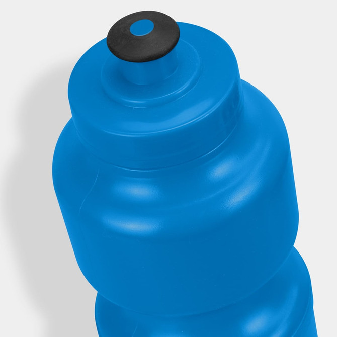 A drink bottle in vibrant blue with a black cap, featuring a simple design and a logo on the body.