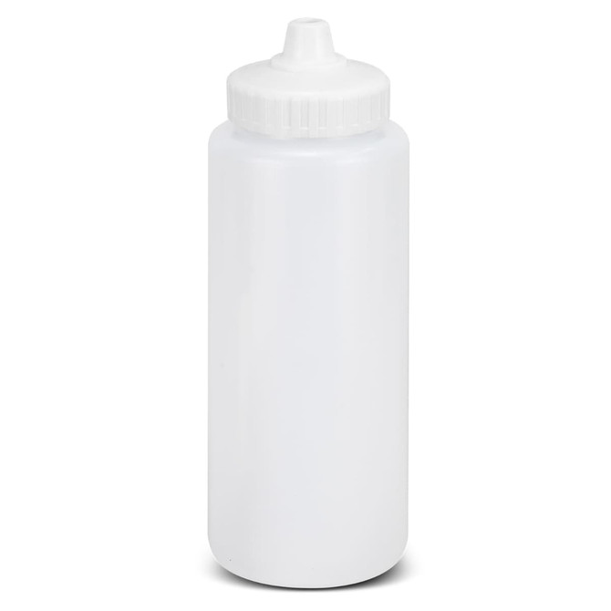 A drink bottle in a translucent white colour with a screw top lid and a narrow spout. It features a branding logo.