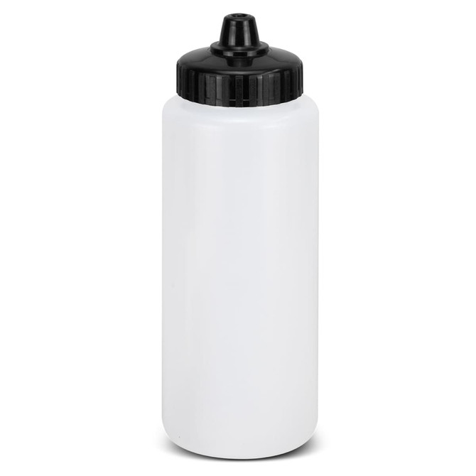 A drink bottle with a black lid and nozzle, featuring a clear white body. It has a logo on the side.