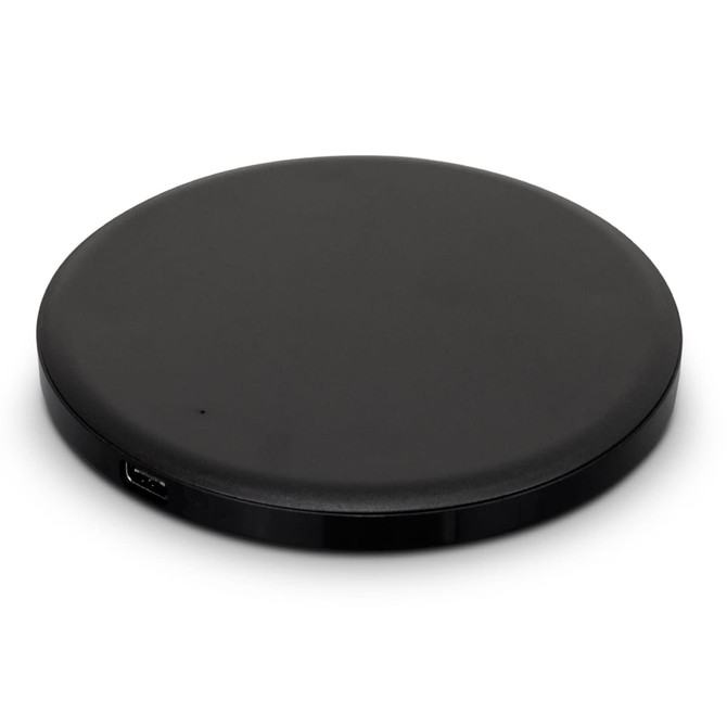 A round black wireless charger with a sleek design, featuring a USB port.