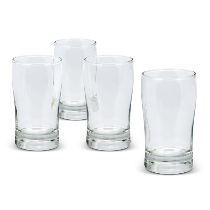Four clear glass tumblers with a sturdy base, arranged closely together on a white background.