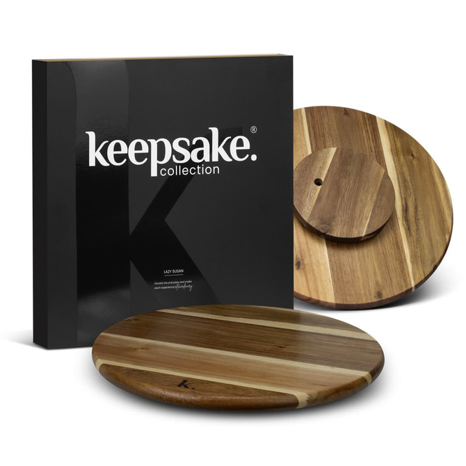 A wooden lazy Susan with a multi-tone finish, presented in a sleek black box featuring a logo.