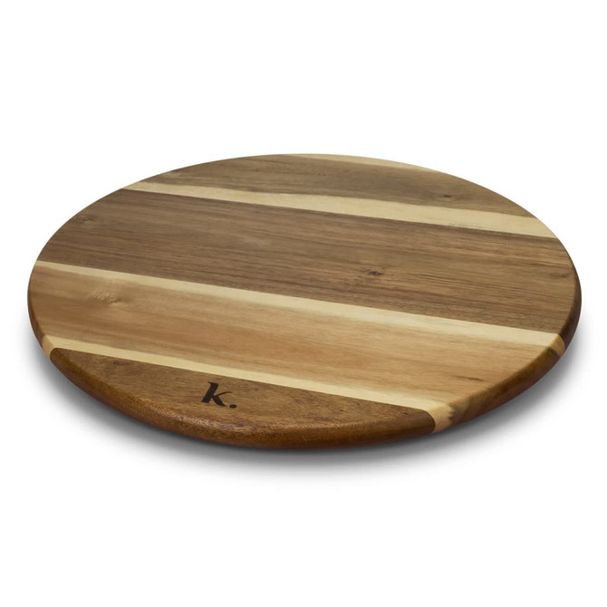 A wooden Lazy Susan featuring a circular design with a mix of light and dark wood stripes, branded with a logo.