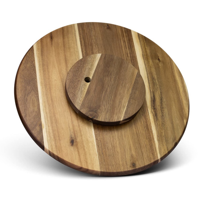 A wooden lazy Susan featuring a round design with varying shades of brown and a central circular rotating section.