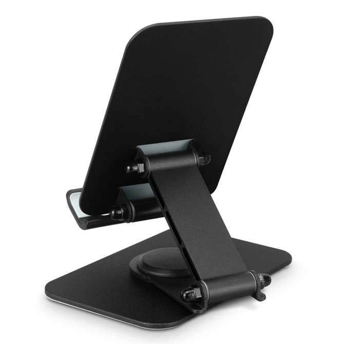 A black Ferris Metal Phone and Tablet Stand with an adjustable back and a sturdy base. Features a minimalistic design.