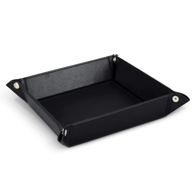 A black valet tray featuring a square design with folded corners and snap buttons, made of textured material.