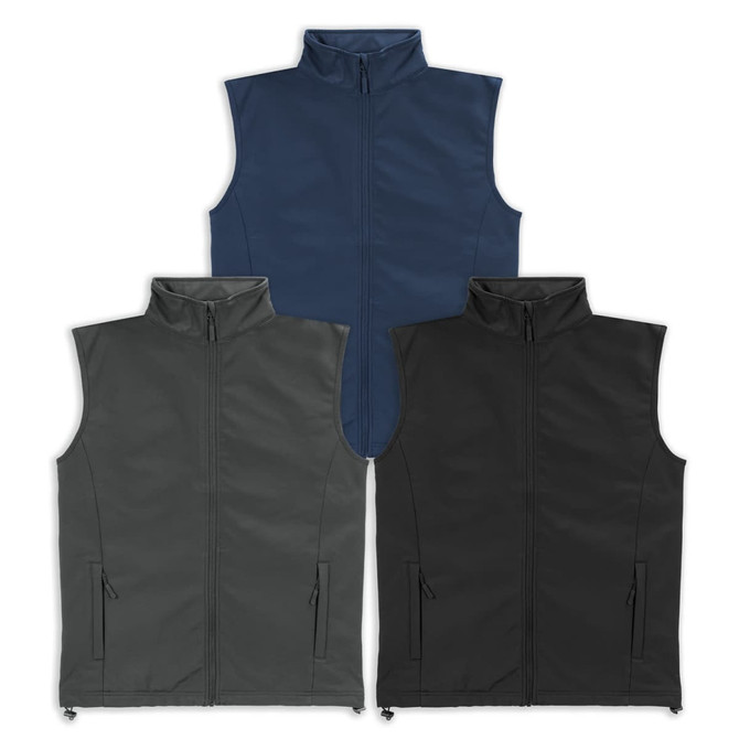 A collection of three men's vests in dark blue, charcoal grey, and black, featuring zippered fronts and side pockets.