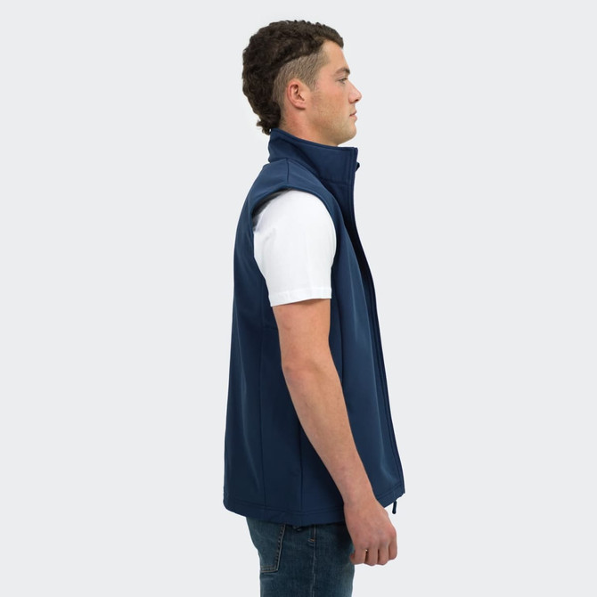 A navy vest for men featuring a high collar and a side zip, displayed on a model in profile.