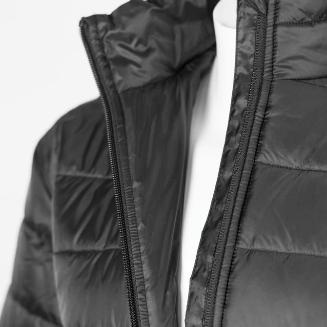 A black unisex puffer jacket featuring a high collar and zip closure, displayed against a white background.