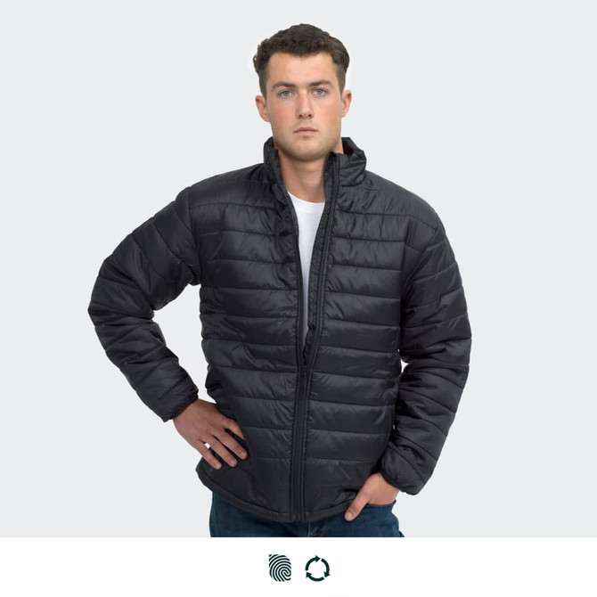 A unisex black puffer jacket featuring a zip-up front and a stand collar, with a logo present.