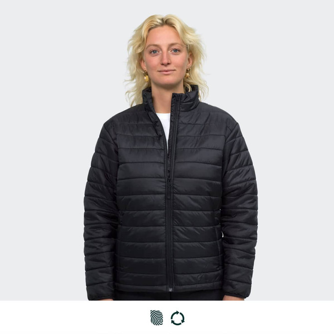A black puffer jacket with a zip front and high collar on a model with blonde hair. The jacket features a logo.