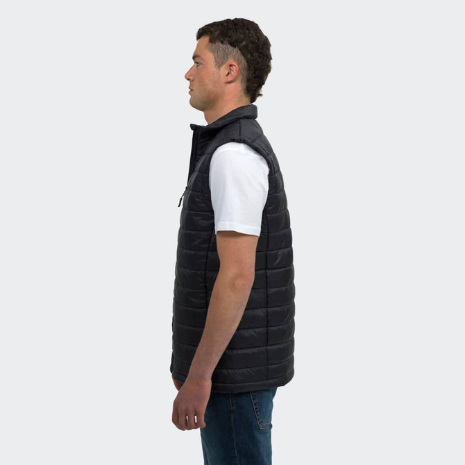 A unisex puffer vest in black, featuring a zip front and a high collar, displayed on a person from the side.