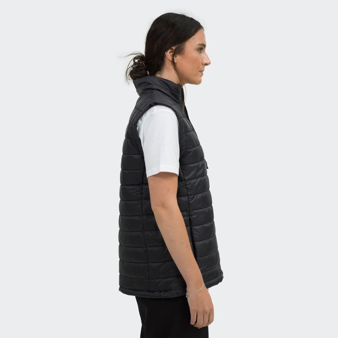 A side view of a women's black puffer vest with a hood, featuring a smooth quilted design.