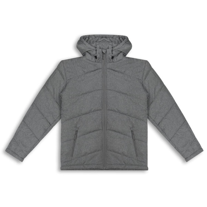 A grey puffer jacket with a hood, featuring a zip closure and a logo.