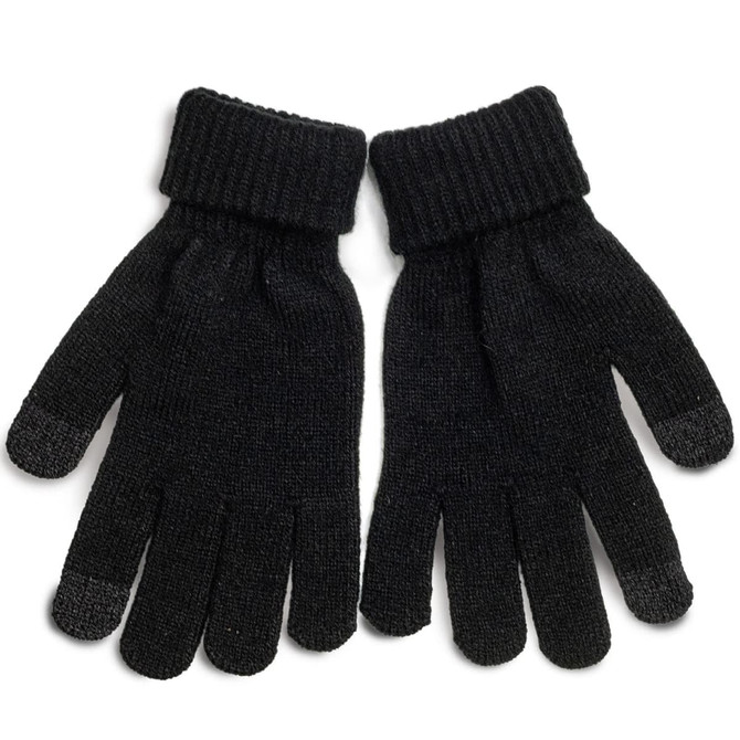 A pair of black knitted gloves with a ribbed cuff and touch-screen fingertips. Features a logo on the wrist.