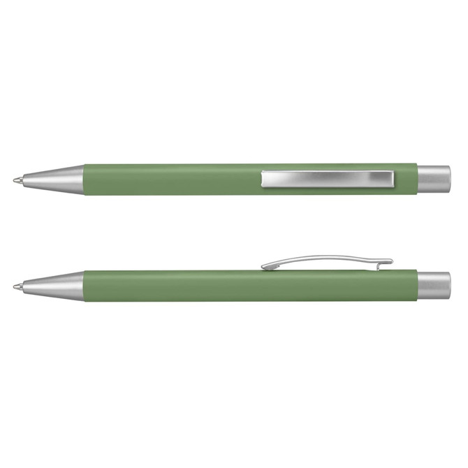 A green metal pen with a silver clip and tip, featuring a sleek, modern design.