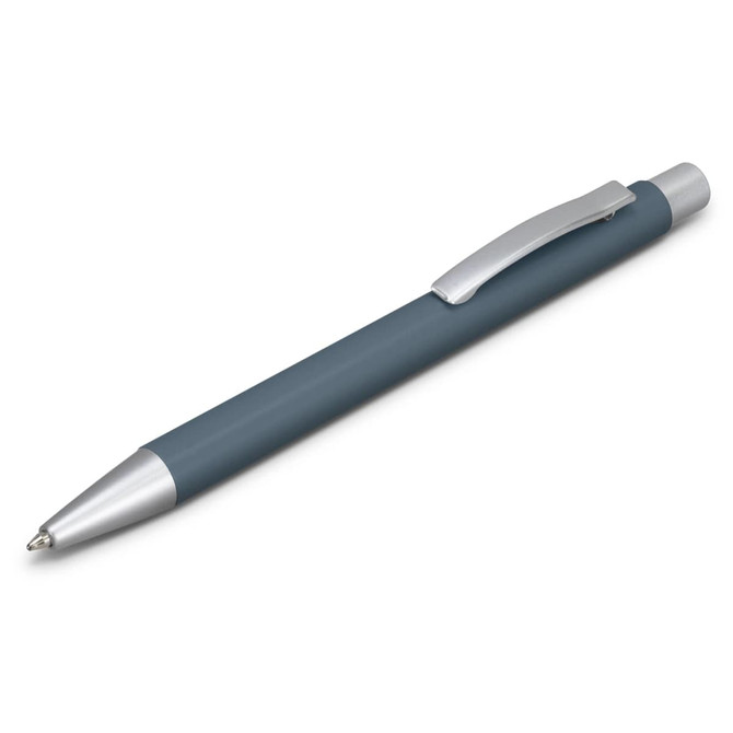 A metal pen in a grey colour with a silver tip and clip, featuring a smooth, sleek design and a logo.