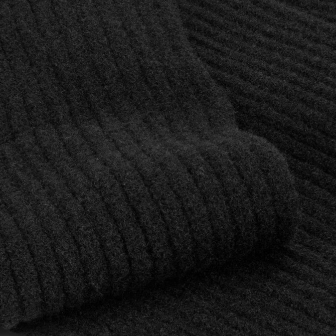 A black ribbed texture of a scarf and beanie set. The fabric appears soft and warm. Features a brand logo.