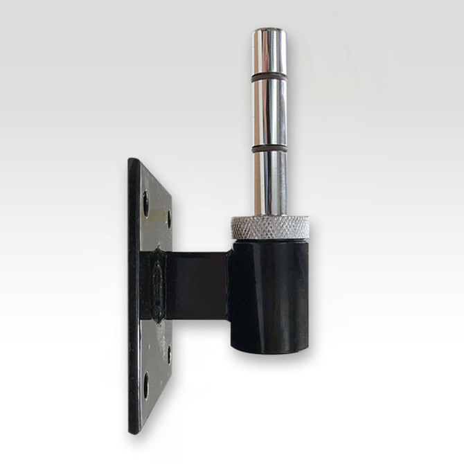 A small, black metal wall mount with a silver cylindrical holder, designed for flags or banners.