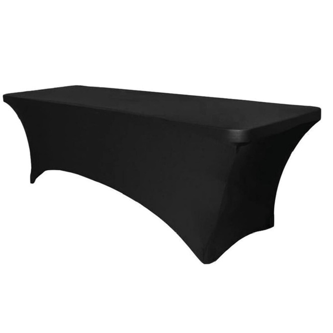 A black stretch table cover for a four-foot table, designed for exhibitions and events. Features a fitted design.