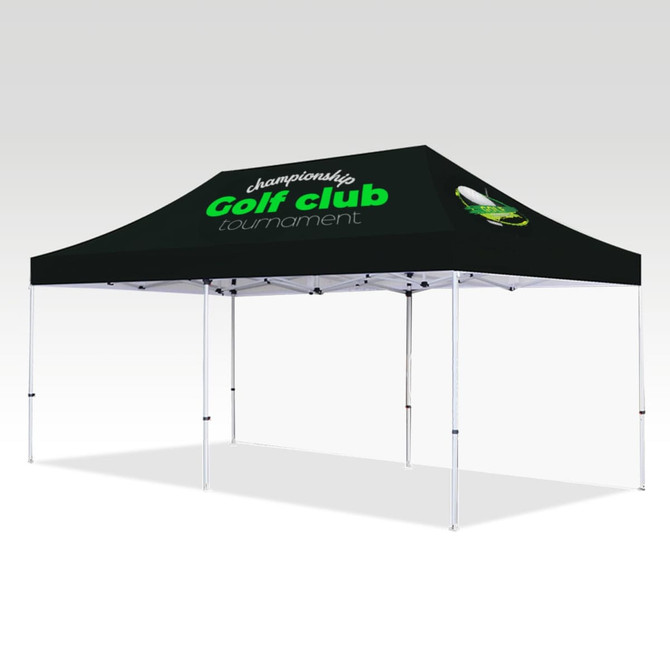 A black marquee tent with a green logo and text, featuring an open frame and adjustable height.