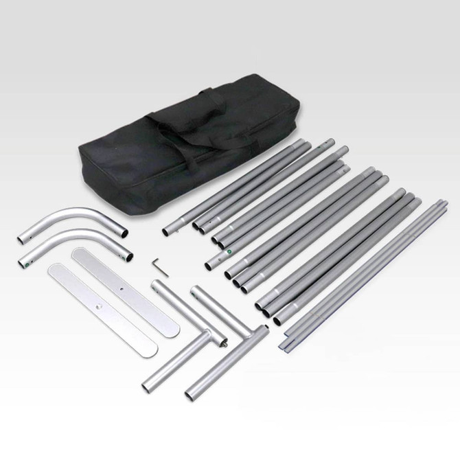 A set of silver metal poles with connectors and a black carrying bag, suitable for assembling a display.