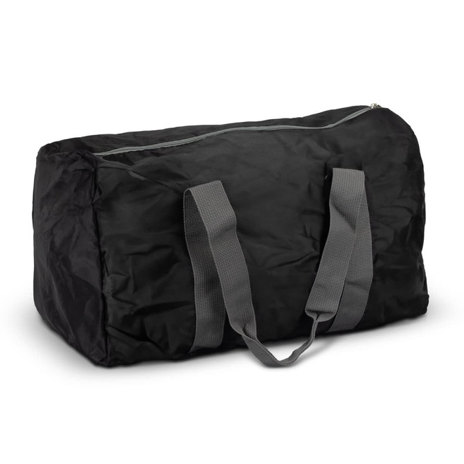 A black foldable duffle bag with grey handles and a zippered top, featuring a logo.